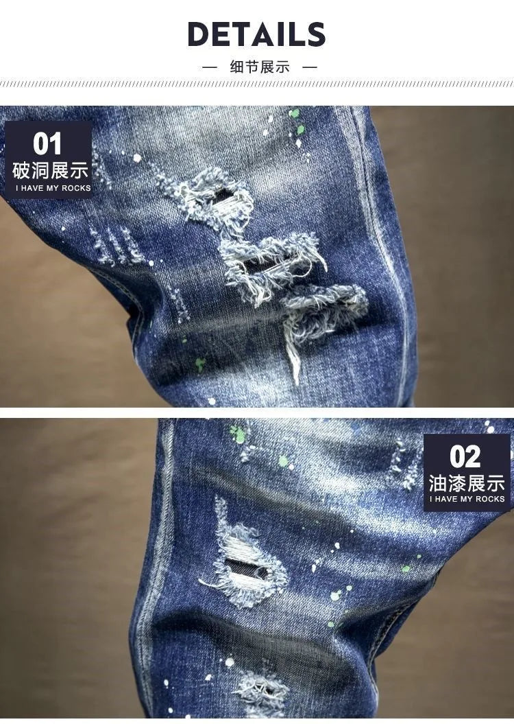 Spring and Autumn New Fashion Trend Ripped Retro Straight Leg Blue Jeans Men's Casual Loose Comfortable Breathable Denim Pants PlatiNum
