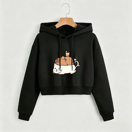 Kawaii Cat with Capybara Cropped Sweatshirt Crop Top Hoodie Y2k Sweatshirts Gothic Casual Style Clothes Pullover