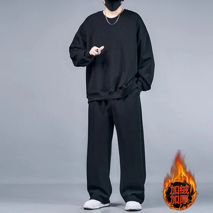 2pcs Set Men's Sweatshirts Pants Plus Size Fleece-lined Tops Sports Jogging Trousers Fashion Casual Pullover Hoodies Sweatpants PlatiNum