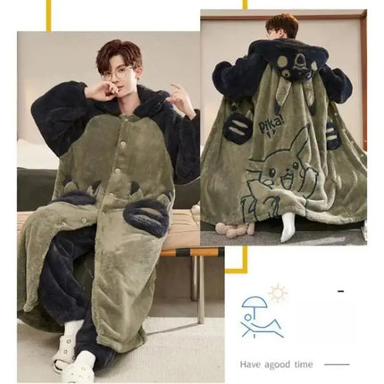 Kawaii Pokemon Pikachu Print Men's Fleece Pajama Set Hooded Robe + Pants Super Soft Winter Loungewear Cute Anime Sleepwear New