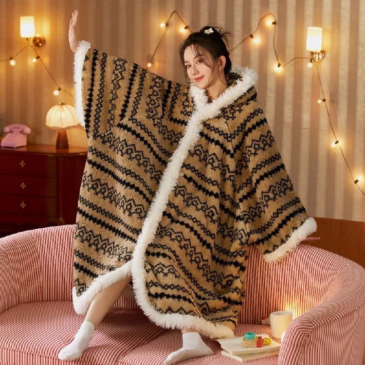 New Cute Blanket Hooded Cloak Coral Velvet Pajamas Women's Autumn Winter Thickened Robe Blanket Multifunctional Thermal Products