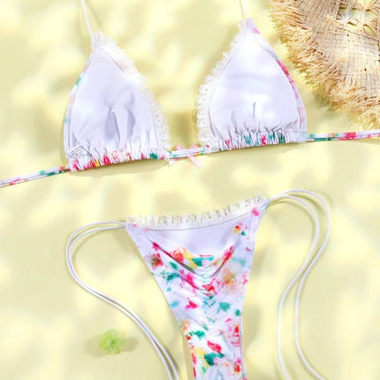 Set Bikini Triangolo Sexy Micro Thong, Costume da Bagno Donna, Biquini con Lacci, Abbigliamento da Spiaggia Stampato, Bikini Thong platinumshop
