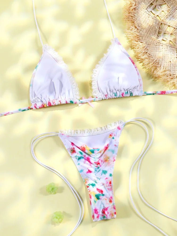 Set Bikini Triangolo Sexy Micro Thong, Costume da Bagno Donna, Biquini con Lacci, Abbigliamento da Spiaggia Stampato, Bikini Thong platinumshop