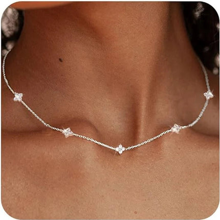 925 Silver Plated Four-leaf Flower Zircon Chain Necklace for Women Luxury Collar Charm Clover Necklaces 2025 Trend Jewelry PlatiNum