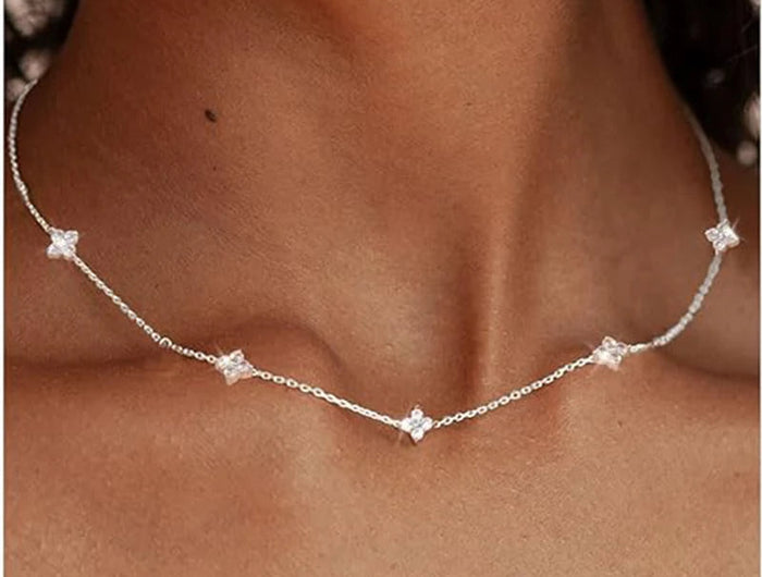 925 Silver Plated Four-leaf Flower Zircon Chain Necklace for Women Luxury Collar Charm Clover Necklaces 2025 Trend Jewelry PlatiNum