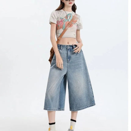 Women's Vintage Wide Leg Denim Capri Pants Shorts Summer New Plus Size Tummy Control Loose Straight Leg Casual Streetwear PlatiNum