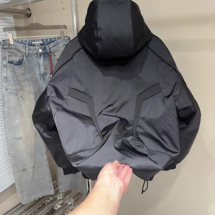 Winter Spliced Black Men Hooded Down Coat American Style Motorcycle Puffer Jacket Loose Fit Zip Waterproof Jackets Casual Coats