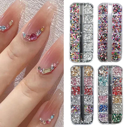 Mix 3D Nail Rhinestones 12 Grids Crystal Diamonds for Nail Art Mini Glitter Diamonds Decorative DIY Nail Art Accessories