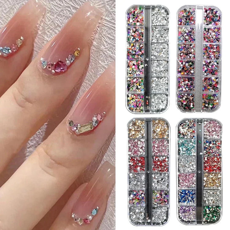 Mix 3D Nail Rhinestones 12 Grids Crystal Diamonds for Nail Art Mini Glitter Diamonds Decorative DIY Nail Art Accessories