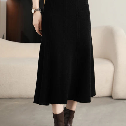 Grace Women's Skirt 100% Merino Wool Skirt Hip Hugging A-Line Wave Skirt Knitted Warm Autumn Winter Dress Slim Office Lady Skirt PlatiNum