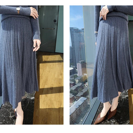 FRSEUCAG Autumn and winter women's warm half skirt 100% mink cashmere pleated skirt thick long skirt soft and loose fashionable PlatiNum