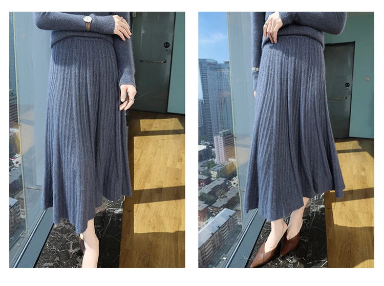FRSEUCAG Autumn and winter women's warm half skirt 100% mink cashmere pleated skirt thick long skirt soft and loose fashionable PlatiNum