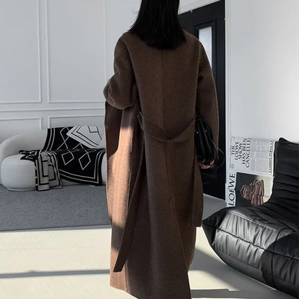 Luxury Hand-sewn Double-sided Cashmere Wool Coat Women New Mid-length Scarf Collar Loose Lace-up Warm Wool Coat Fashion Winter