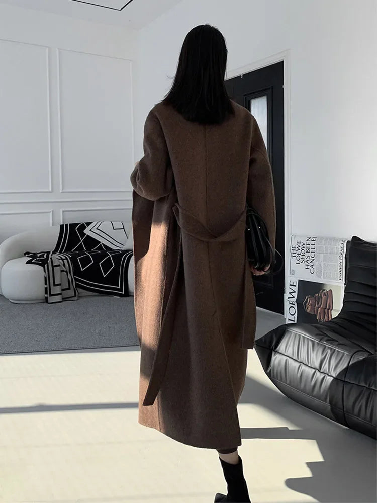 Luxury Hand-sewn Double-sided Cashmere Wool Coat Women New Mid-length Scarf Collar Loose Lace-up Warm Wool Coat Fashion Winter