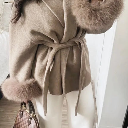 Women Grey Fur Splicing Woolen Coat Casual Belt Full Sleeve Lapel Loose Cardigan Outwear 2025 Lady Winter New Highstreet Jacket