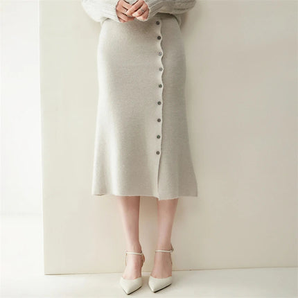 Women 100% Cashmere Skirts Office Lady Autumn Winter Knitted High Waist A-Skirt Graceful Long Warm front-open skirt with buttons PlatiNum