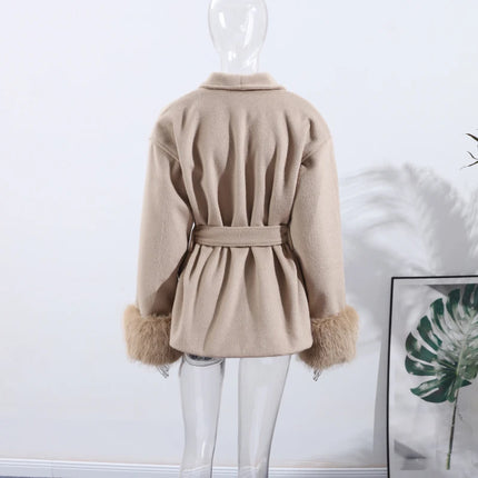 Elegant Women's Lace Up Woolen Coats Solid Full Sleeve Turn-down Collar Loose Lady Coats 2026 Autumn Winter Female Streetwear