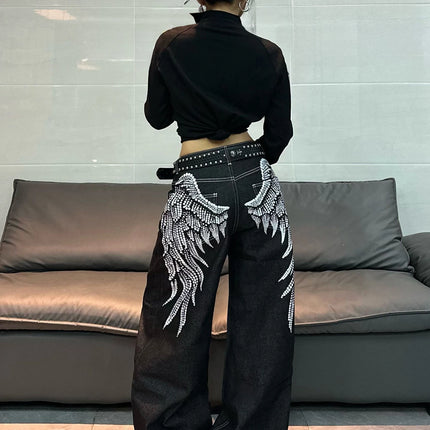 1 paio di jeans larghi con stampa Wing in stile retrò americano, pantaloni neri a gamba larga alla moda e versatili per donna