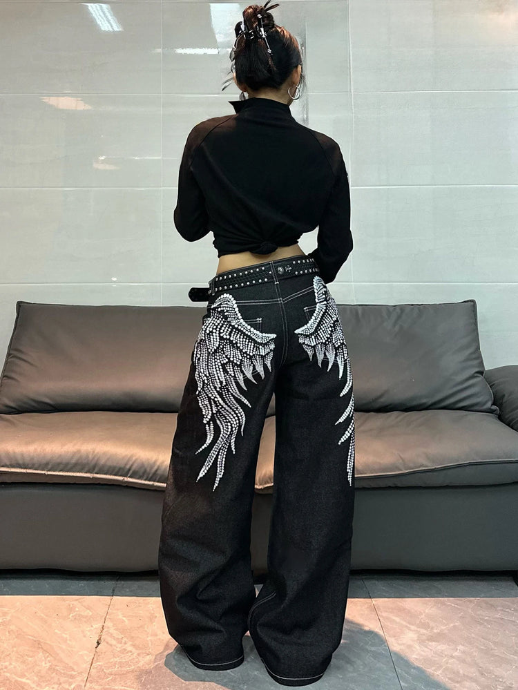 1 paio di jeans larghi con stampa Wing in stile retrò americano, pantaloni neri a gamba larga alla m