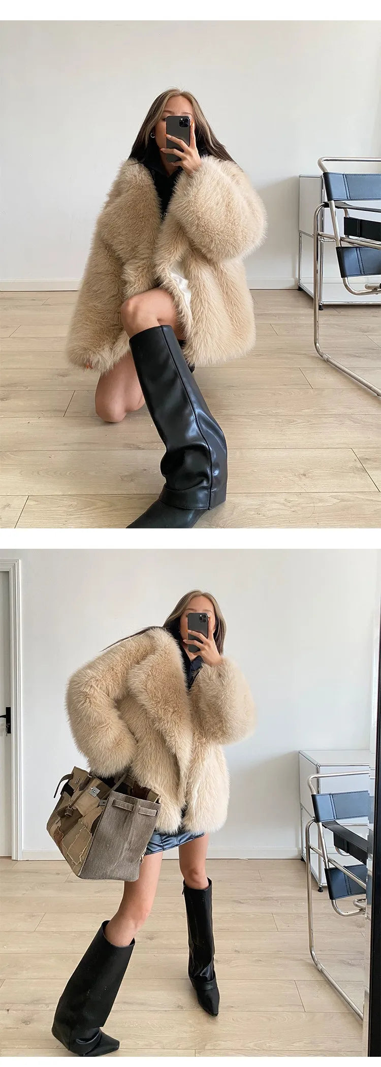 ZADORIN Korean Style Winter Warm Coat Women Mid Length Lapel Loose Faux Fox Fur Coat Luxury Overcoat Fluffy Fur Jacket Tops