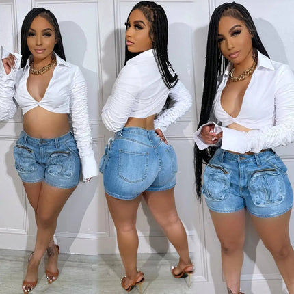 Cargo Jean Women Denim Shorts Solid Jean Spliced Pockets High Waist Distressed Washed Slim Casual Summer Zipper Fly 2026 PlatiNum