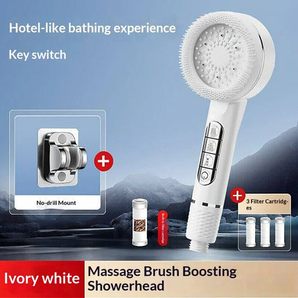 Soffione doccia autopulente a 4 modalità con spazzola in silicone, arresto acqua con un tasto, massaggio ad alta pressione, soffione in ABS con filtro
