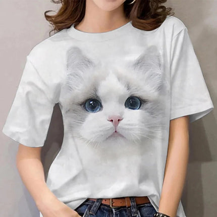 T-shirt mignonne en forme de chat pour femme, avec impression 3D animal de compagnie, manches courtes, hauts décontractés d'été, T-shirts amples Streetwear à col rond