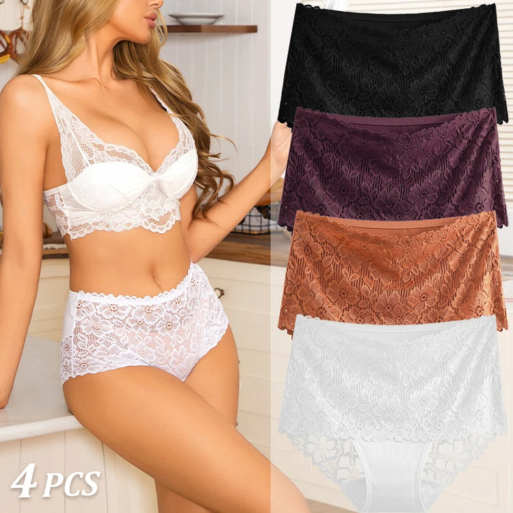 4PCS/SET Women's Sexy Lace Panty Hollow Out High Waist Women's Briefs Breathable Comfortable Underwear Plus Size Women Lingerie