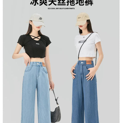 Jeans estivi donna seta ghiaccio vita alta blu sciolto moda coreana semplice tempo libero tutto-fiammifero quotidiano gamba larga elegante Trendy Chic