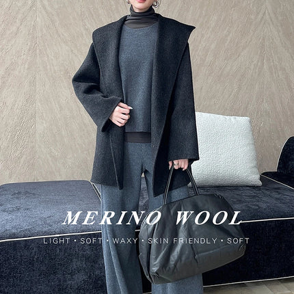 Brushed 100% Wool Coat Women Hooded Belted Wrap Coat Long-Pile Double-Faced Texture Unlined Relaxed Fit Short Coats Fall Winter