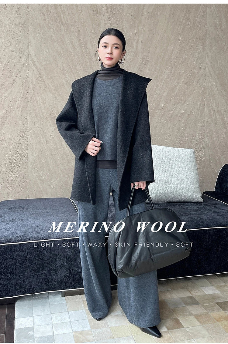 Brushed 100% Wool Coat Women Hooded Belted Wrap Coat Long-Pile Double-Faced Texture Unlined Relaxed Fit Short Coats Fall Winter