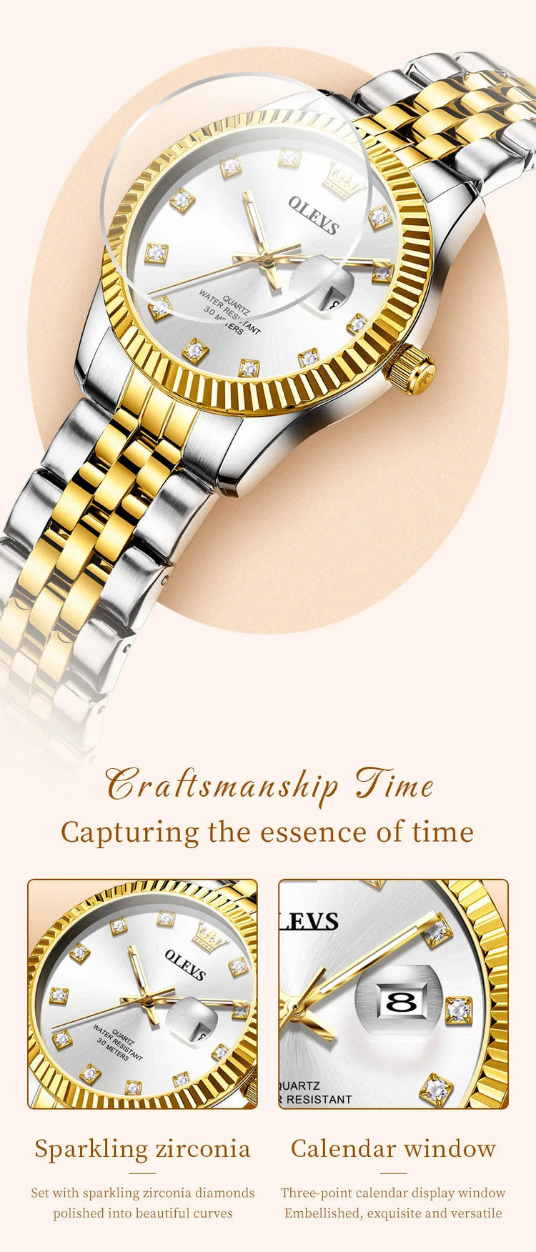 OLEVS 3705 Orologio da donna 30M Orologio al quarzo con data impermeabile per donna Orologio da donna di lusso con scala di diamanti a specchio ad alta durezza platinumshop