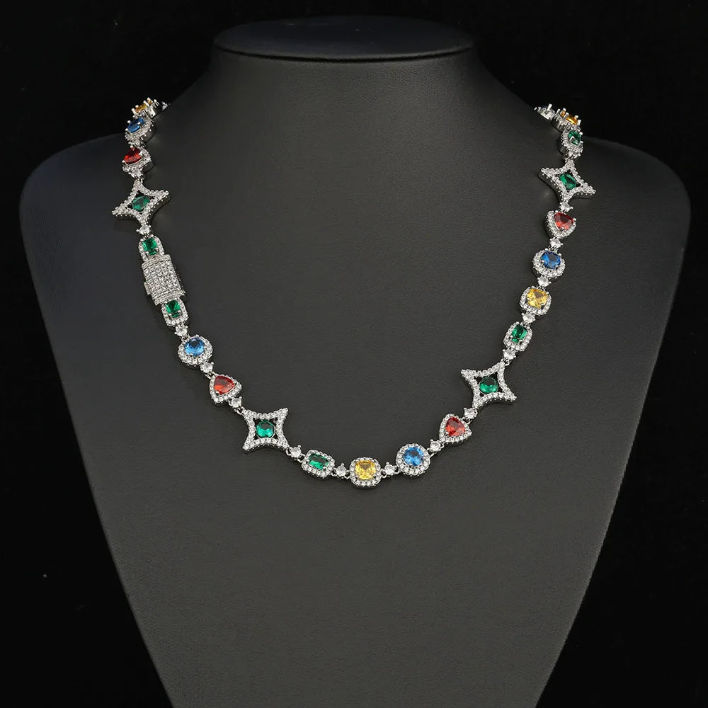Gioielli Hip Hop Moda Zircone colorato Collana ghiacciata Bracciale a catena con pietre preziose in cristallo placcato oro bianco