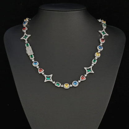 Gioielli Hip Hop Moda Zircone colorato Collana ghiacciata Bracciale a catena con pietre preziose in cristallo placcato oro bianco