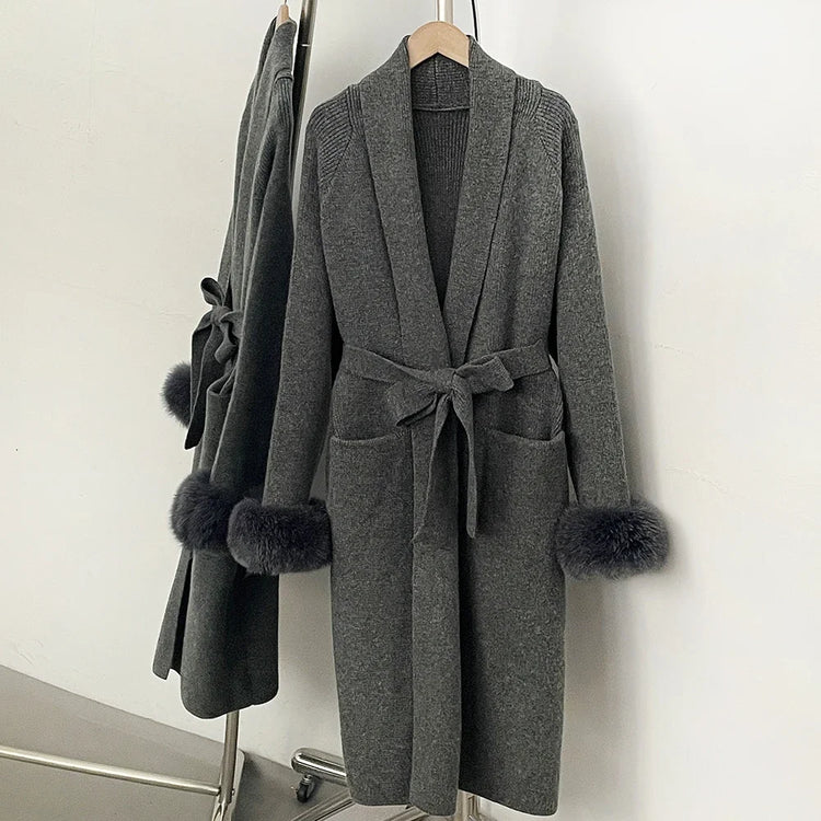 OFTBUY New Winter Long Belted Clothes Outerwear Women Knit Cardigan Real Fox Fur Cuffs Shawl Collar Wrap Knitted Coat Female