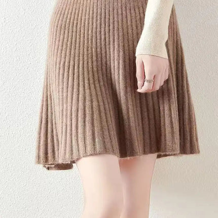 100% Merino Wool Mini Skirt Korean Women's AutumnWinter Fashionable Solid Color Elastic Waist Knitted Pleated Skirt PlatiNum