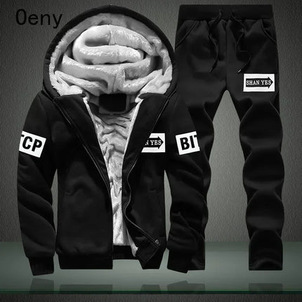New Winter Fleece Thicken Men's Two-piece Zipper Sports Set Hooded Thermal Suit Casual Oversized Tracksuit 4XL 5XL Funny Suit
