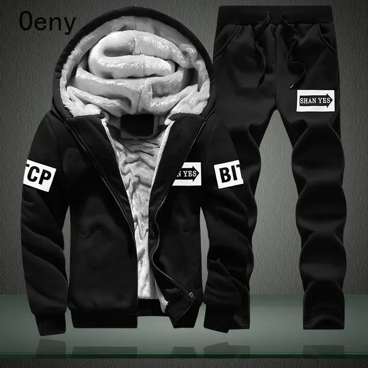 New Winter Fleece Thicken Men's Two-piece Zipper Sports Set Hooded Thermal Suit Casual Oversized Tracksuit 4XL 5XL Funny Suit