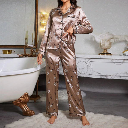 Pigiama da donna con stampa floreale color block, maniche lunghe e pantaloni in raso per un sonno confortevole, morbido pigiama e pigiama da notte