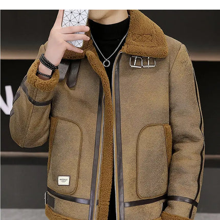 High-quality Faux Fur Leather Jackets Men Splicing Pockets Trend Casual Motorcycle Bike Jacket Winter Thick Warm Coat Streetwear