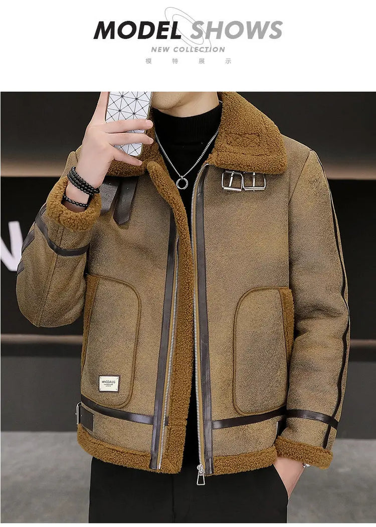 High-quality Faux Fur Leather Jackets Men Splicing Pockets Trend Casual Motorcycle Bike Jacket Winter Thick Warm Coat Streetwear