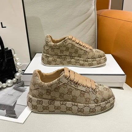 Spring 2025 New Khaki Crystal Women's Sneakers Fashion Versatile Casual Ladies Party Shiny Female Shoes