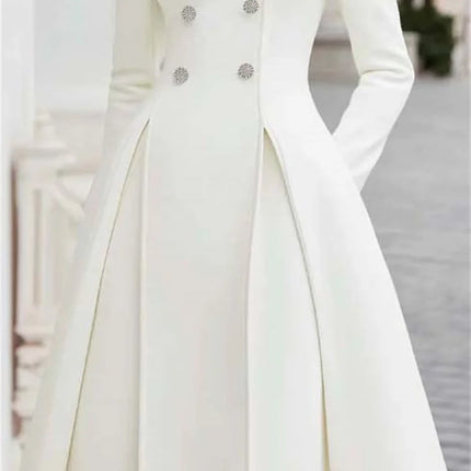 Yeezzi Women's British Style Buttoned Stand Collar Overcoat Midi Dresses Long Sleeves High Waisted Pleated Evening A-line Dress