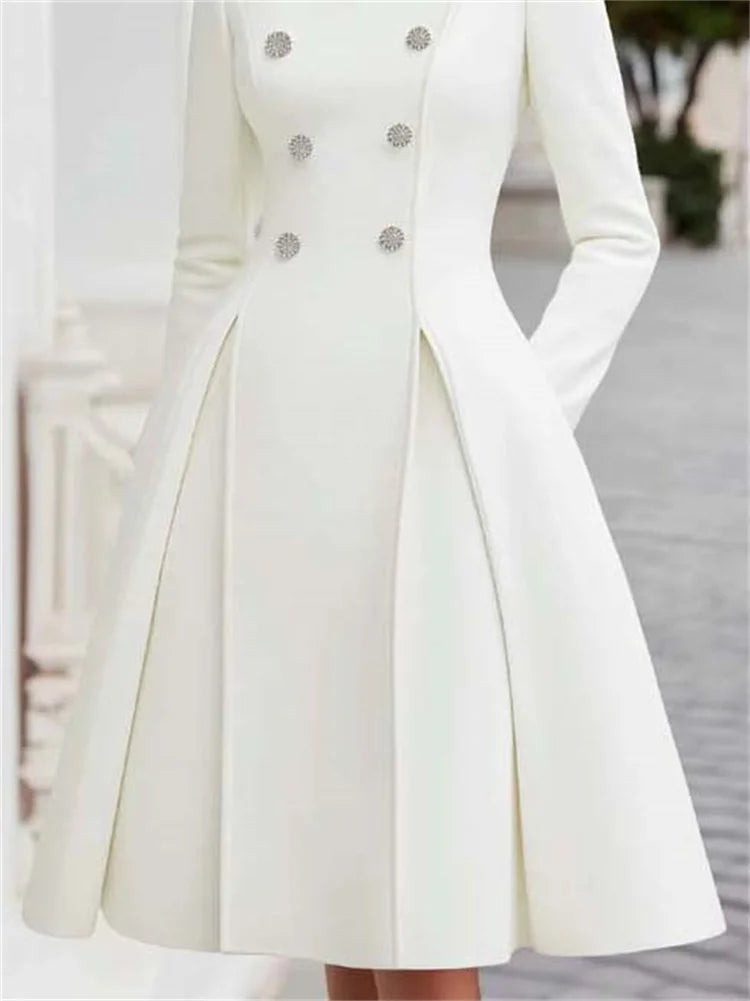 Yeezzi Women's British Style Buttoned Stand Collar Overcoat Midi Dresses Long Sleeves High Waisted Pleated Evening A-line Dress