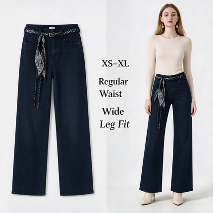 Women's Dark Blue Wide Leg Jeans, High Waist with Decorative Scarf Band, Comfortable Denim Urban Casual Style, All-Season Pants，Fx1338-7