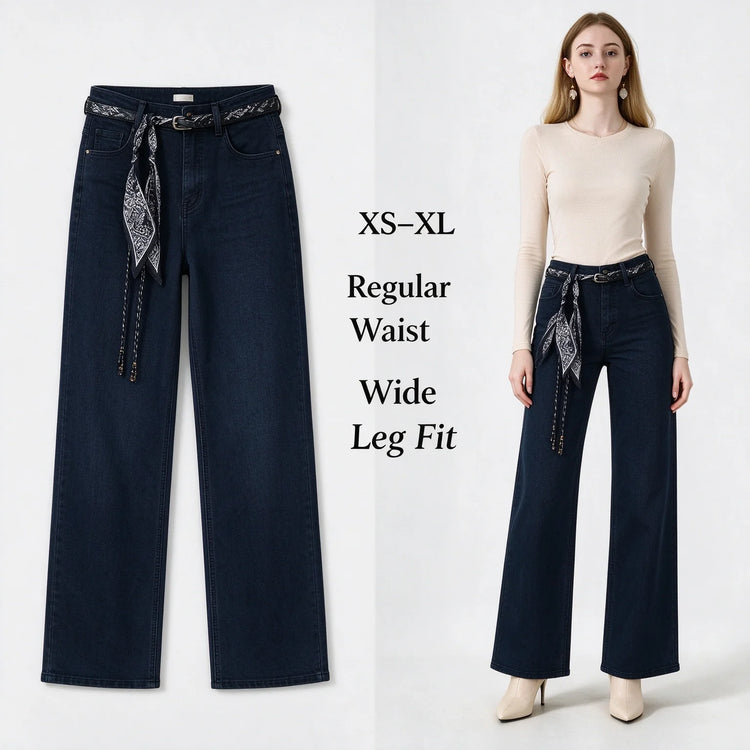 Women's Dark Blue Wide Leg Jeans, High Waist with Decorative Scarf Band, Comfortable Denim Urban Casual Style, All-Season Pants，Fx1338-7