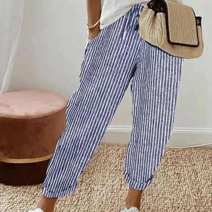 Pantaloni casual con coulisse in vita elastica stampata a righe larghe alla moda da donna europea e americana transfrontaliera estiva platinumshop