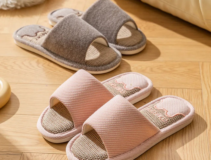 Pantofole in lino per la casa per coppie quattro stagioni Pantofole antiscivolo da pavimento per donna Uomo Camera da letto interna Infradito a punta aperta in lino quattro stagioni