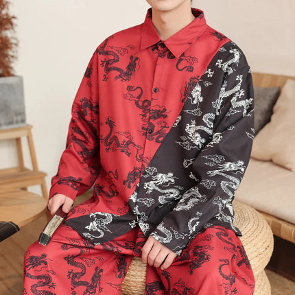 Camicie in Stile Cinese per Uomo, Nuove Camicie Retrò con Drago Rosso, Comode e Casual, Abbigliamento Tradizionale per Kung Fu e Tai Chi