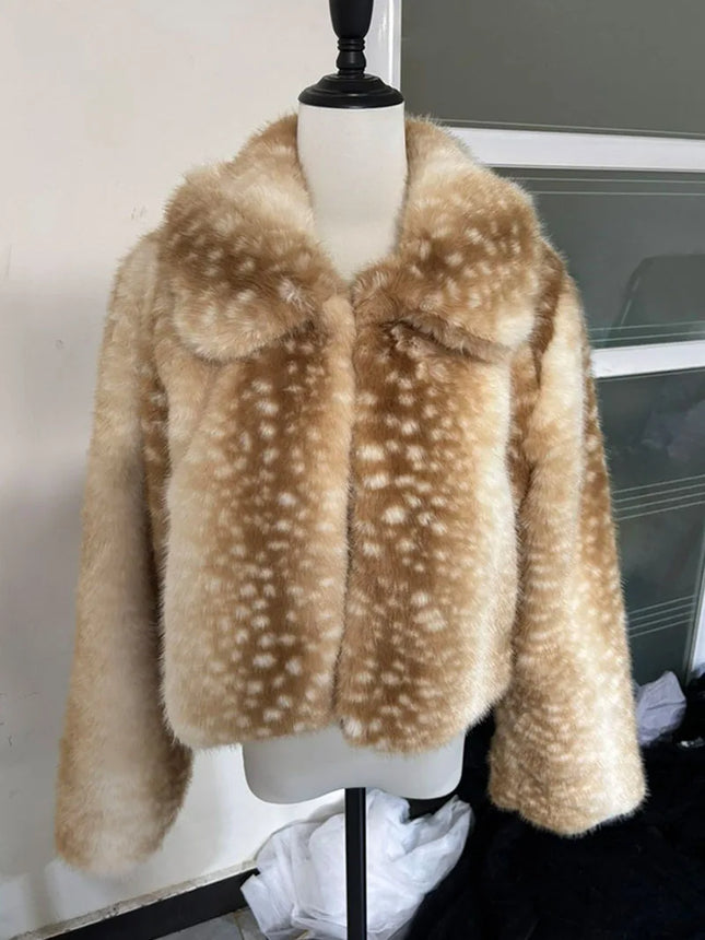 ZADORIN Chic Turn Down Collar Deer-print Cropped Fluffy Faux Fur Coat Woman Elegant Warm Faux Fur Jackets Woman Winter Coat Tops